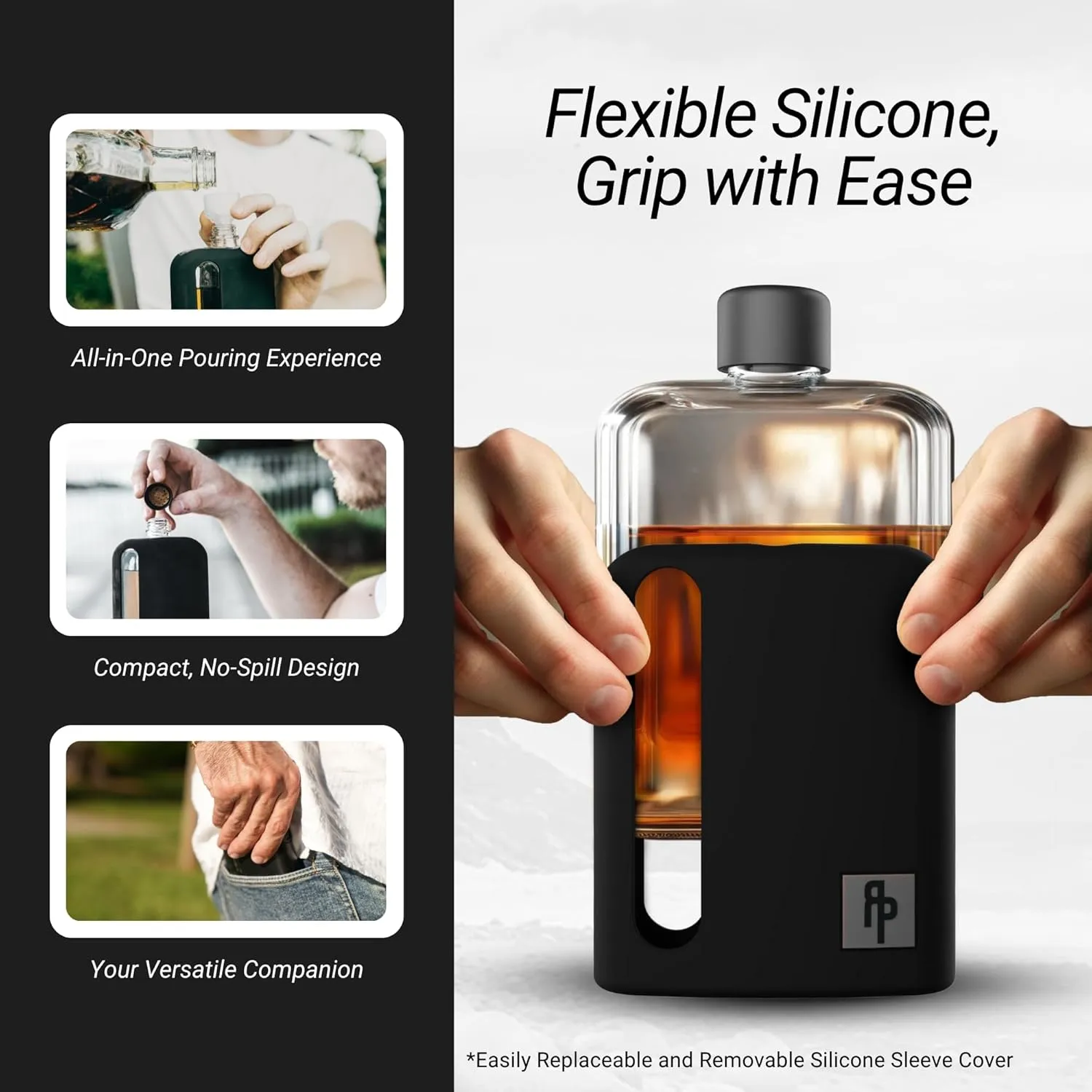Ragproper Modern Glass Hip Flask for Men with Cork & Silicone Lid Liners - Durable Silicone Covered Flask for Whiskey, & Other Liquor (Single Shot 100ml, Black)