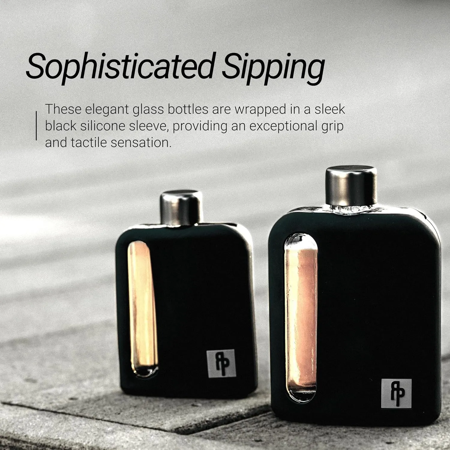 Ragproper Modern Glass Hip Flask for Men with Cork & Silicone Lid Liners - Durable Silicone Covered Flask for Whiskey, & Other Liquor (Single Shot 100ml, Black)