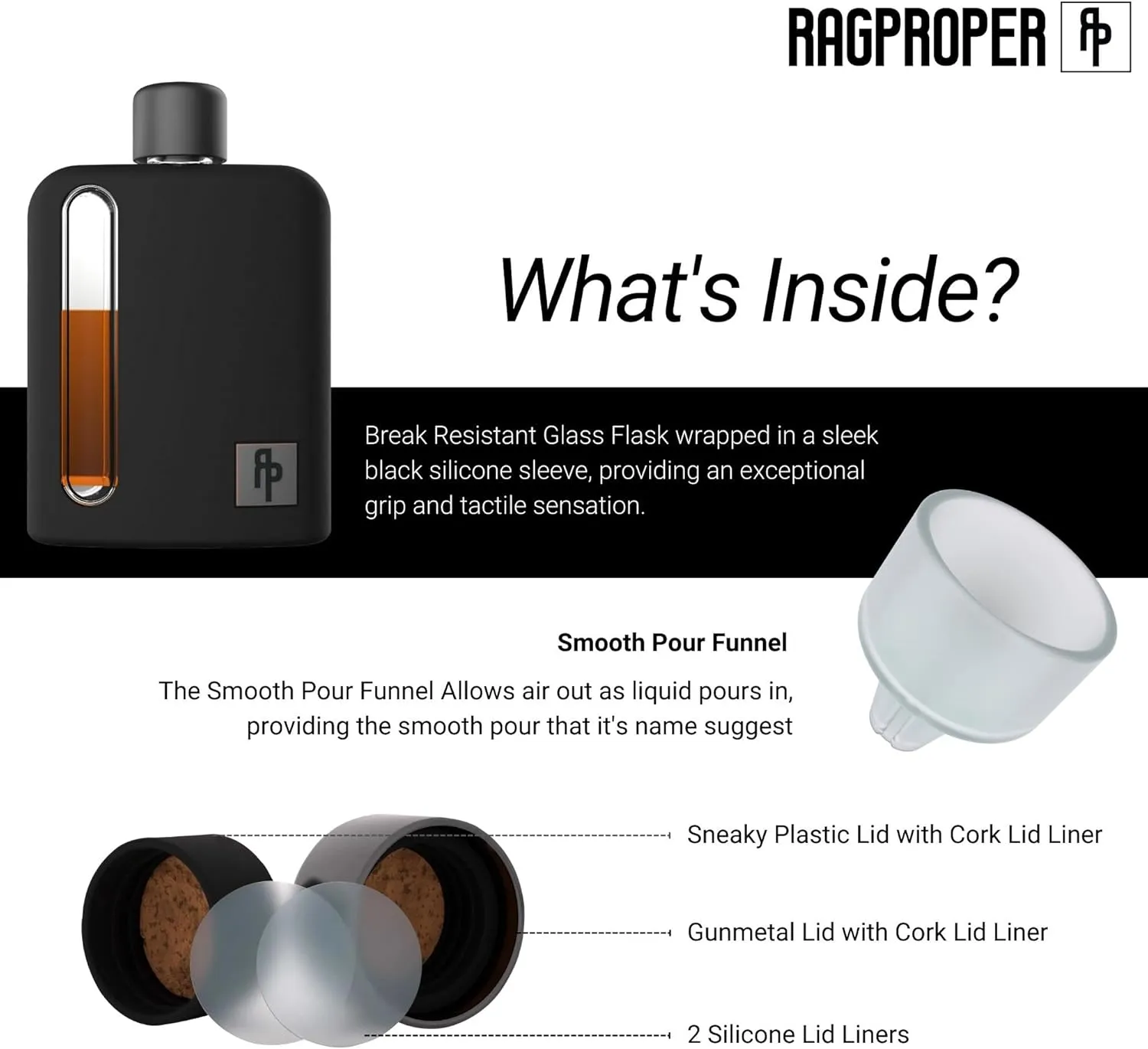 Ragproper Modern Glass Hip Flask for Men with Cork & Silicone Lid Liners - Durable Silicone Covered Flask for Whiskey, & Other Liquor (Single Shot 100ml, Black)