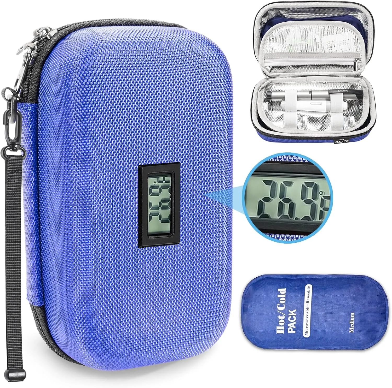 RAIACE Hard Storage Case Compatible with Insulin Pen, Portable Insulin Cooler Bag with Ice packs, Organizer Bag With 2 Ice Pack. (CASE ONLY!) - Blue