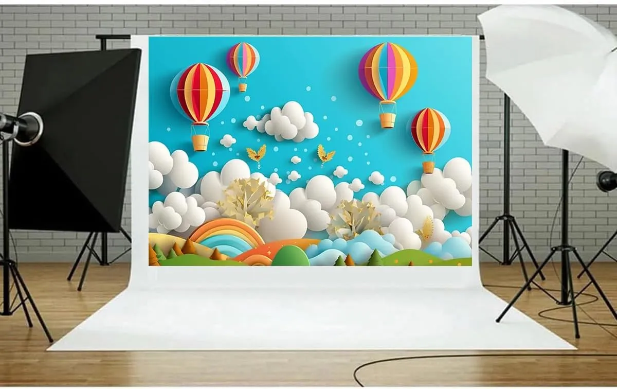 Rainbow Hot Air Balloon Photography Background - Multicolor Vinyl - 7x5ft - Girl 1st Birthday & Baby Shower - Includes Backdrop Only