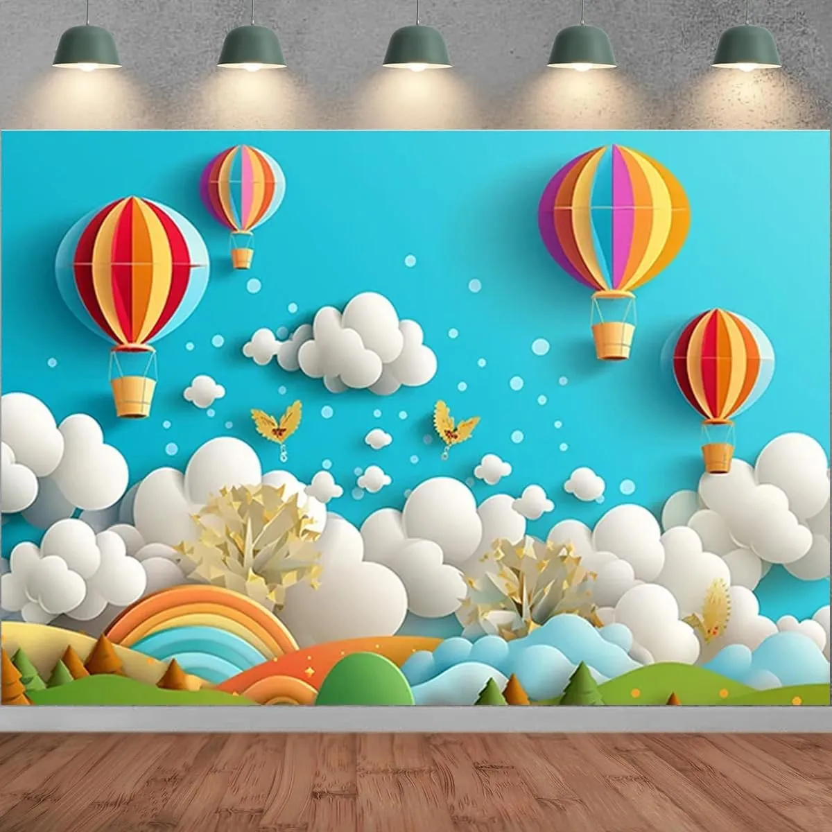 Rainbow Hot Air Balloon Photography Background - Multicolor Vinyl - 7x5ft - Girl 1st Birthday & Baby Shower - Includes Backdrop Only