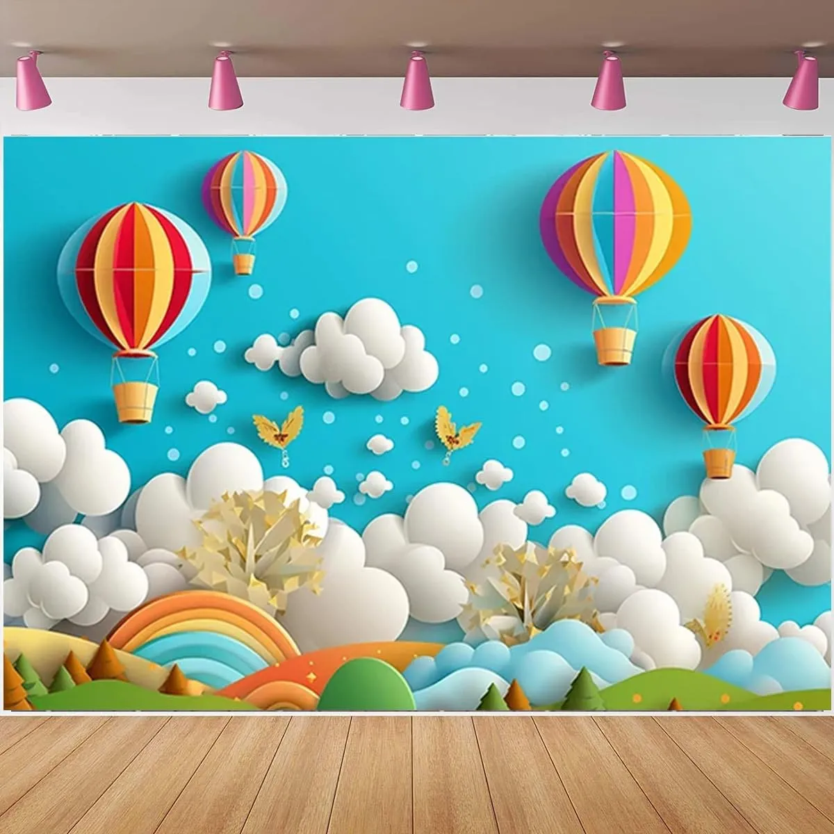 Rainbow Hot Air Balloon Photography Background - Multicolor Vinyl - 7x5ft - Girl 1st Birthday & Baby Shower - Includes Backdrop Only
