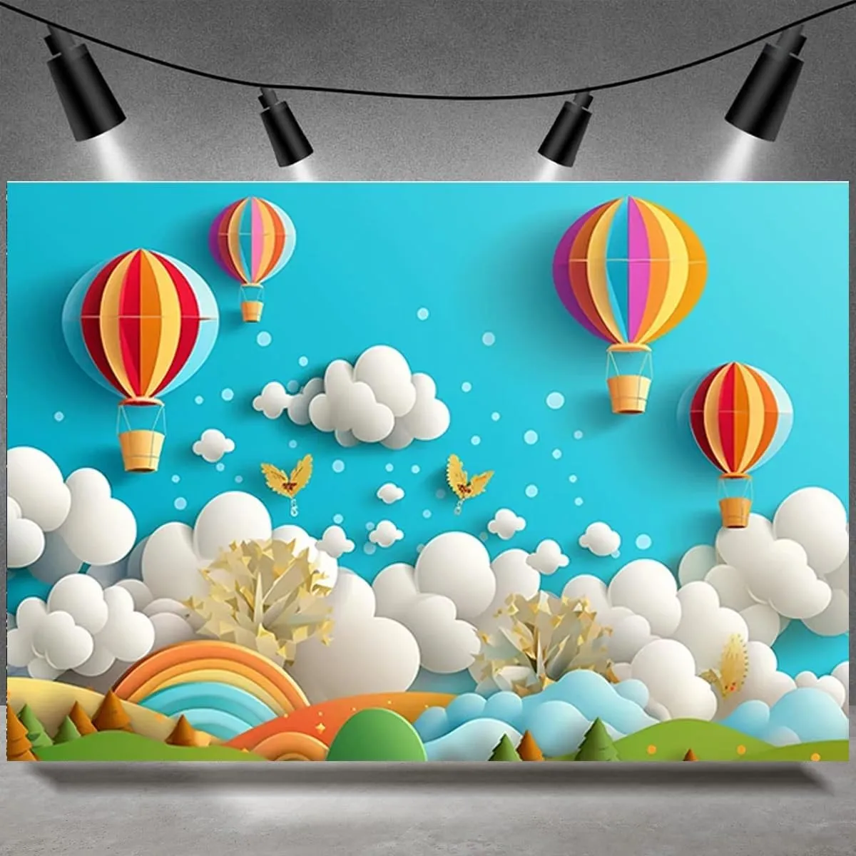 Rainbow Hot Air Balloon Photography Background - Multicolor Vinyl - 7x5ft - Girl 1st Birthday & Baby Shower - Includes Backdrop Only