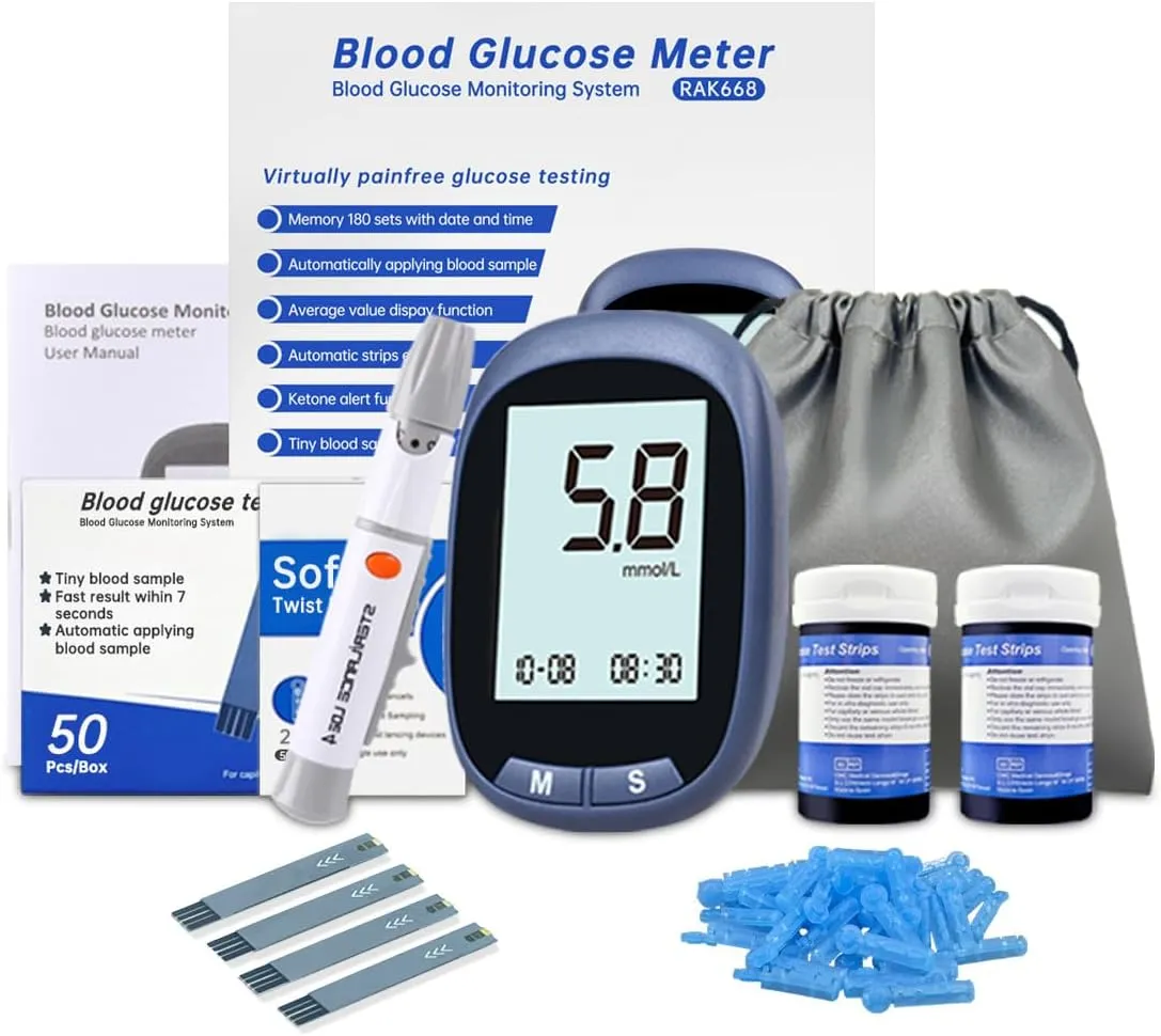 RAK668 Blood Glucose Monitor Kit with 50 Blood Sugar Test Strips, 50 Lancets, 1 Blood Glucose Meter, 1 Lancing Device, 1 Control Solution, Travel Case for Diabetes Testing (50 Strips 50 Lancets)