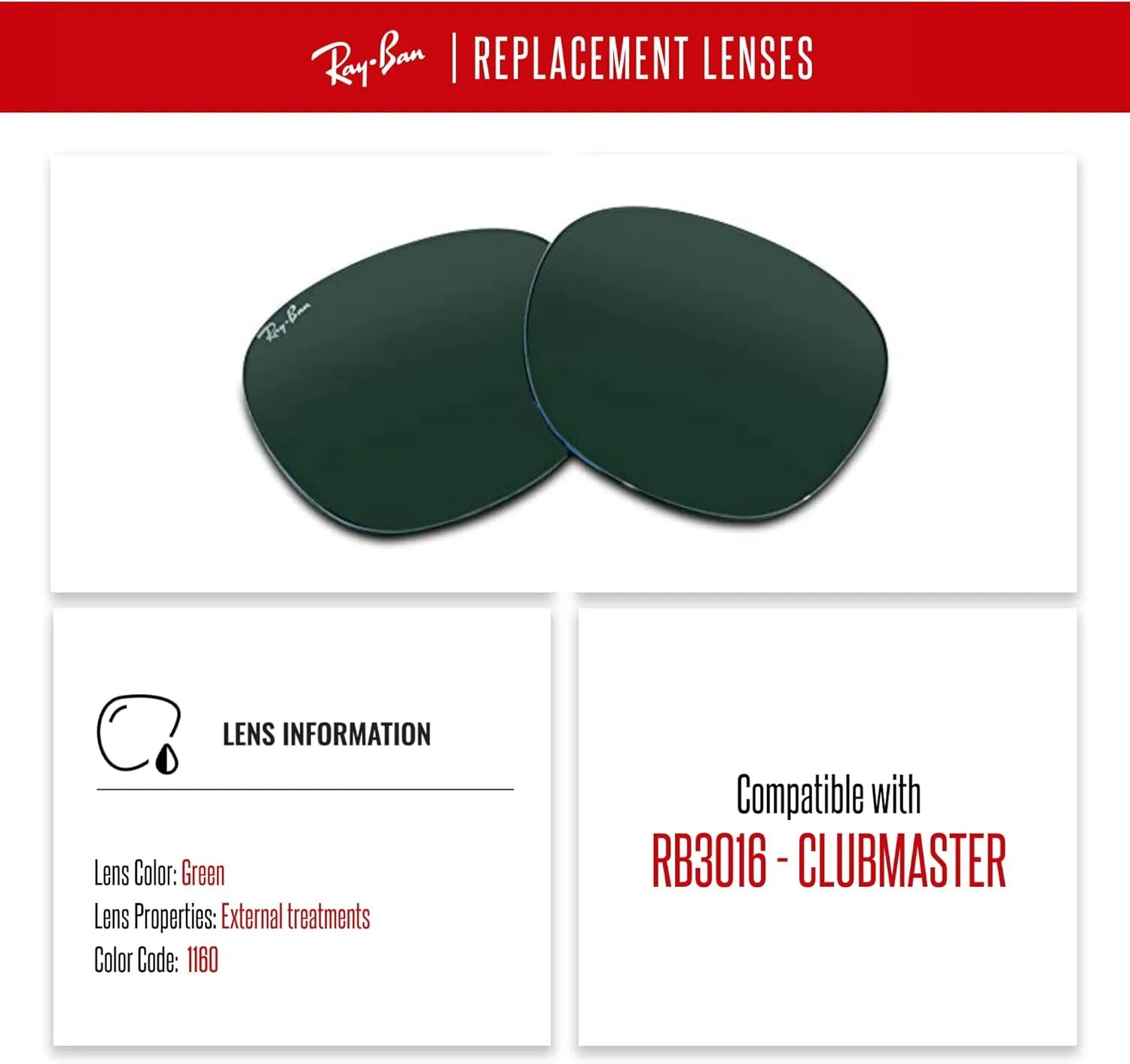 Ray-Ban Original CLUBMASTER RB3016 Replacement Lenses   BUNDLE with Designer iWear Kit