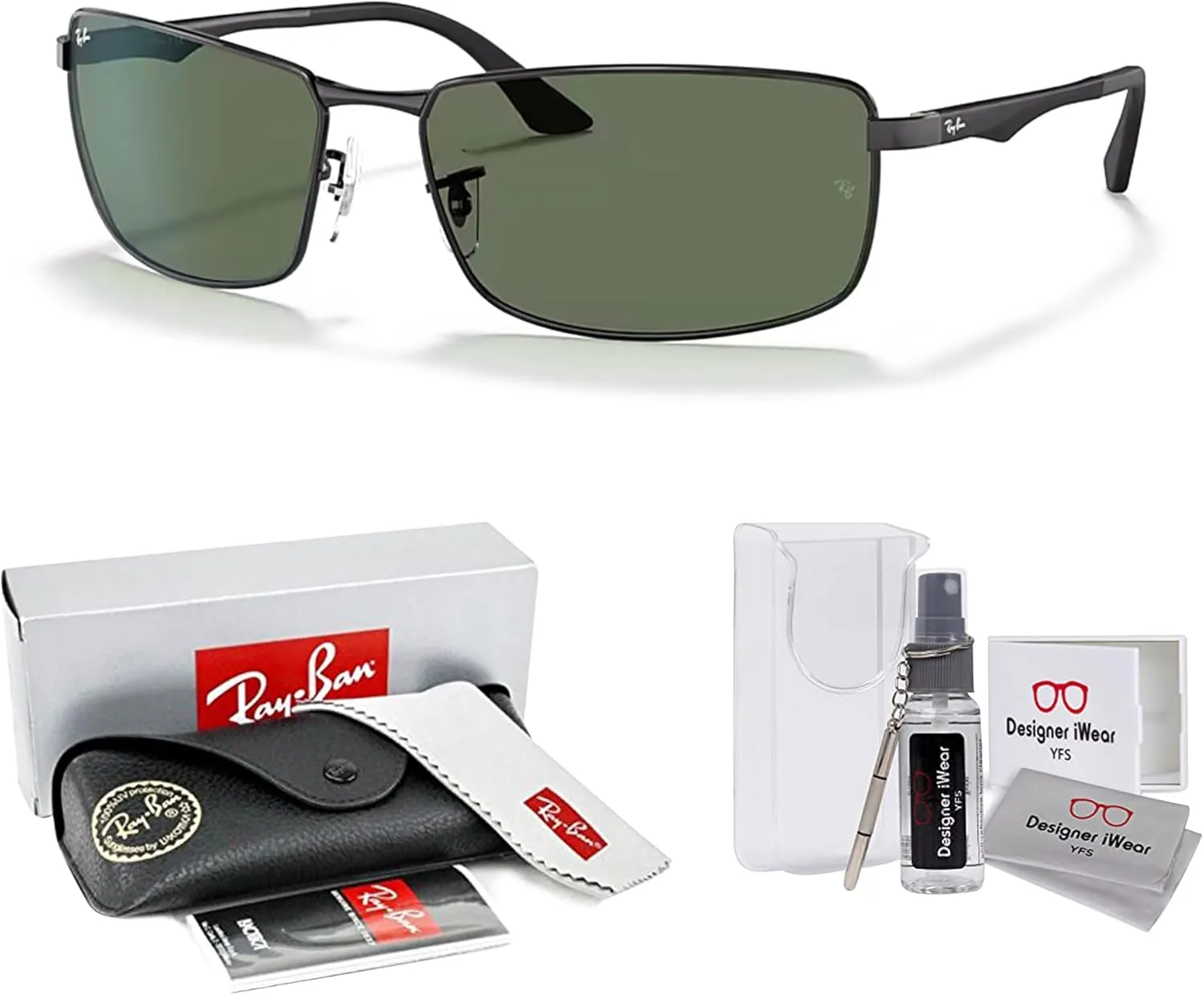 Ray-Ban RB3498 Rectangular Sunglasses For Men   BUNDLE with Designer iWear Eyewear Care Kit