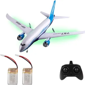 RC Plane 787/C919 Airlines Remote Control Airplane with LED Light 2.4G Fixed-Wing Glider Aircraft Dual Engine 360° Rolling Stunt RC Airbus Jet Model Fighter 2 Batteries for Beginner (Blue)
