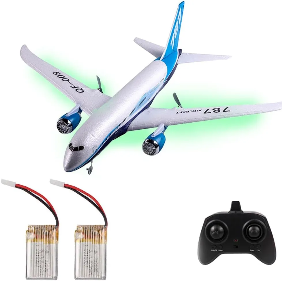 RC Plane 787/C919 Airlines Remote Control Airplane with LED Light 2.4G Fixed-Wing Glider Aircraft Dual Engine 360° Rolling Stunt RC Airbus Jet Model Fighter 2 Batteries for Beginner (Blue)