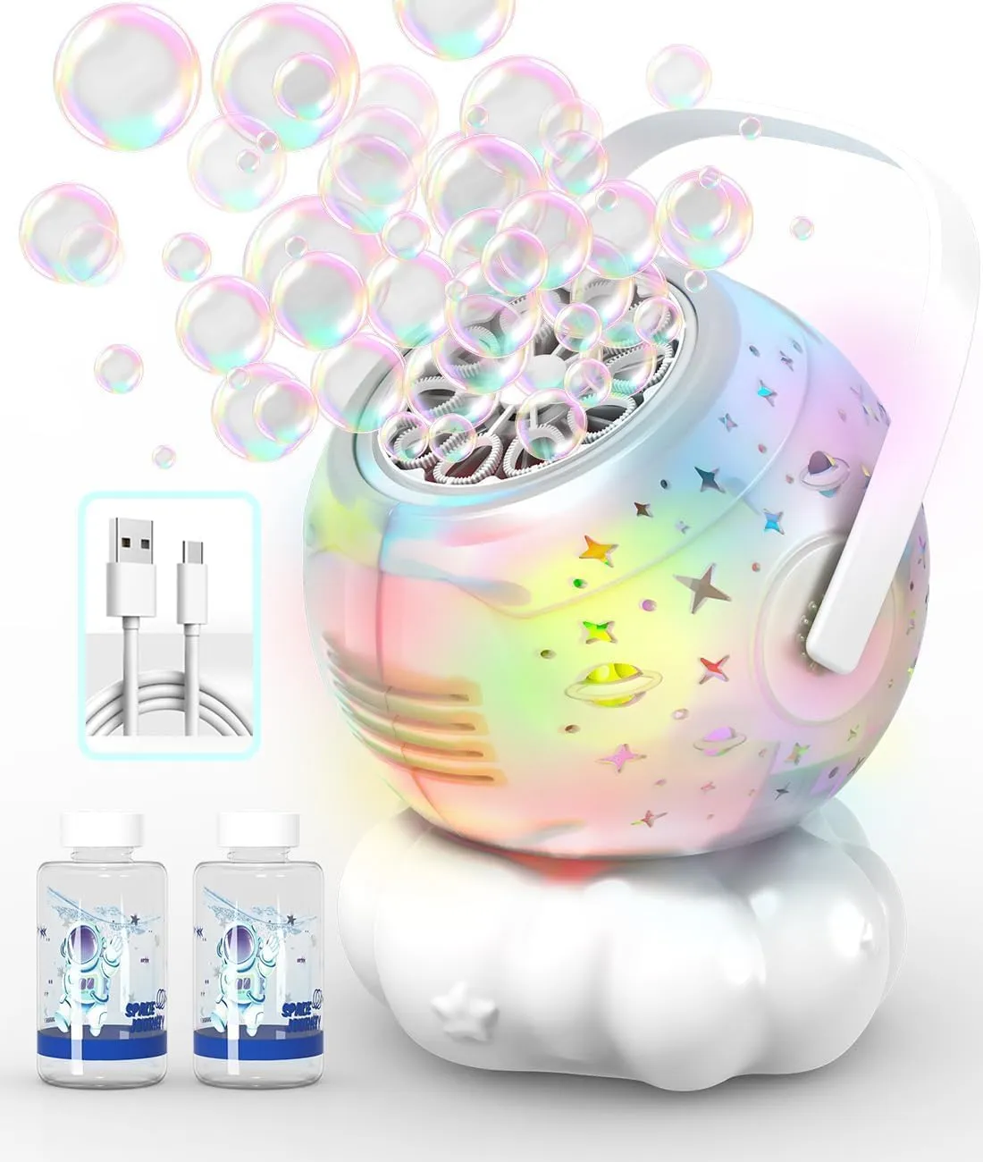 Rechargeable Bubble Machine with Colorful LED Light - Make Large Bubbles - 600mL Automatic Bubble Maker for Kids - Outdoor Party Birthday Easter Toys Gifts for Toddlers Ages 3  Boys Girls