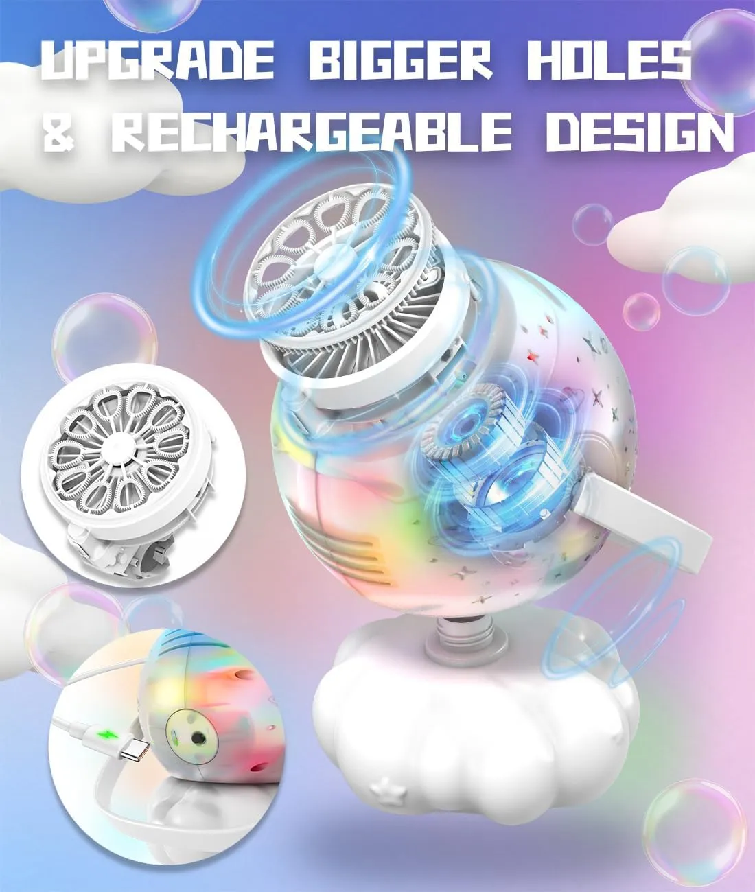 Rechargeable Bubble Machine with Colorful LED Light - Make Large Bubbles - 600mL Automatic Bubble Maker for Kids - Outdoor Party Birthday Easter Toys Gifts for Toddlers Ages 3  Boys Girls