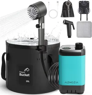 Rechargeable Camping Shower Pump, 9000mAh Portable Shower for Camping, 4 Sprayer Modes Electric Outdoor Shower Head IPX7 Waterproof USB Battery Powered Kit with 5 Gallon Bucket&Foot Pad (Carbon Black)