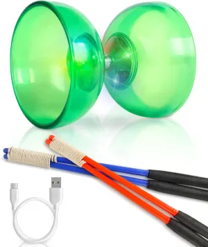 Rechargeable LED Diabolo Toy Set - Lightweight, Durable, with Vibrant Light Effects - Perfect for Beginners and Performers - Complete Kit with Sticks and Spare Strings (Green)