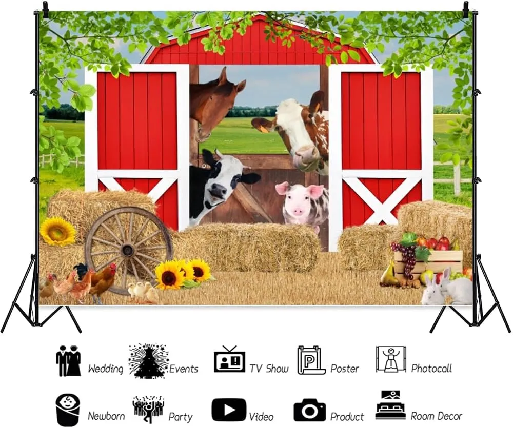 Red Rustic Barn Animals Haystack Backdrop Farm House Scene Birthday Backdrop Kids Farm Baby Shower Tablecloth Children Baby Shower Banner Newborn Baby Party Photo Booth Props 10x8ft