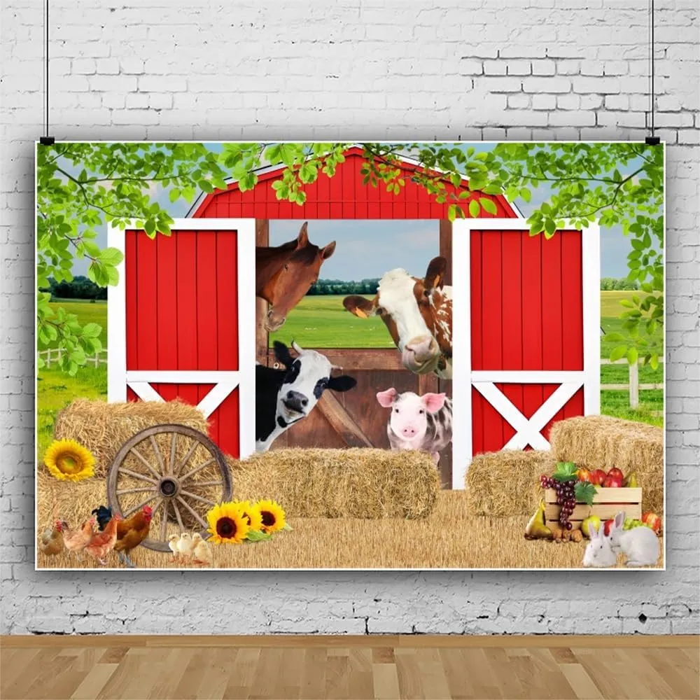 Red Rustic Barn Animals Haystack Backdrop Farm House Scene Birthday Backdrop Kids Farm Baby Shower Tablecloth Children Baby Shower Banner Newborn Baby Party Photo Booth Props 10x8ft
