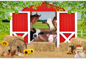 Red Rustic Barn Animals Haystack Backdrop Farm House Scene Birthday Backdrop Kids Farm Baby Shower Tablecloth Children Baby Shower Banner Newborn Baby Party Photo Booth Props 10x8ft