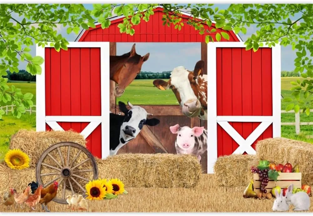 Red Rustic Barn Animals Haystack Backdrop Farm House Scene Birthday Backdrop Kids Farm Baby Shower Tablecloth Children Baby Shower Banner Newborn Baby Party Photo Booth Props 10x8ft