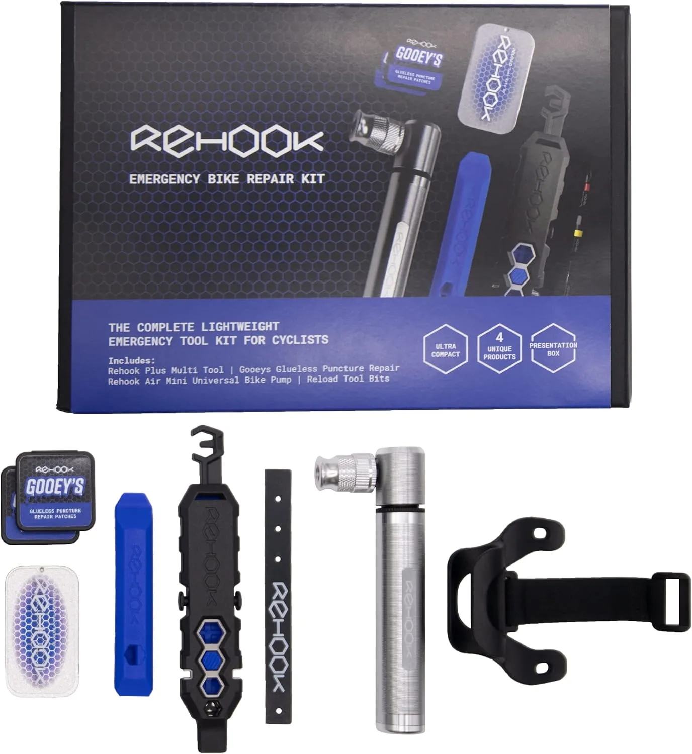 Rehook Emergency Bike Repair Kit - Complete Lightweight Emergency Tool Kit for Cyclists. Cycling Multi Tool, Bike Pump, Tyre Levers, Glueless Puncture Repair Patches