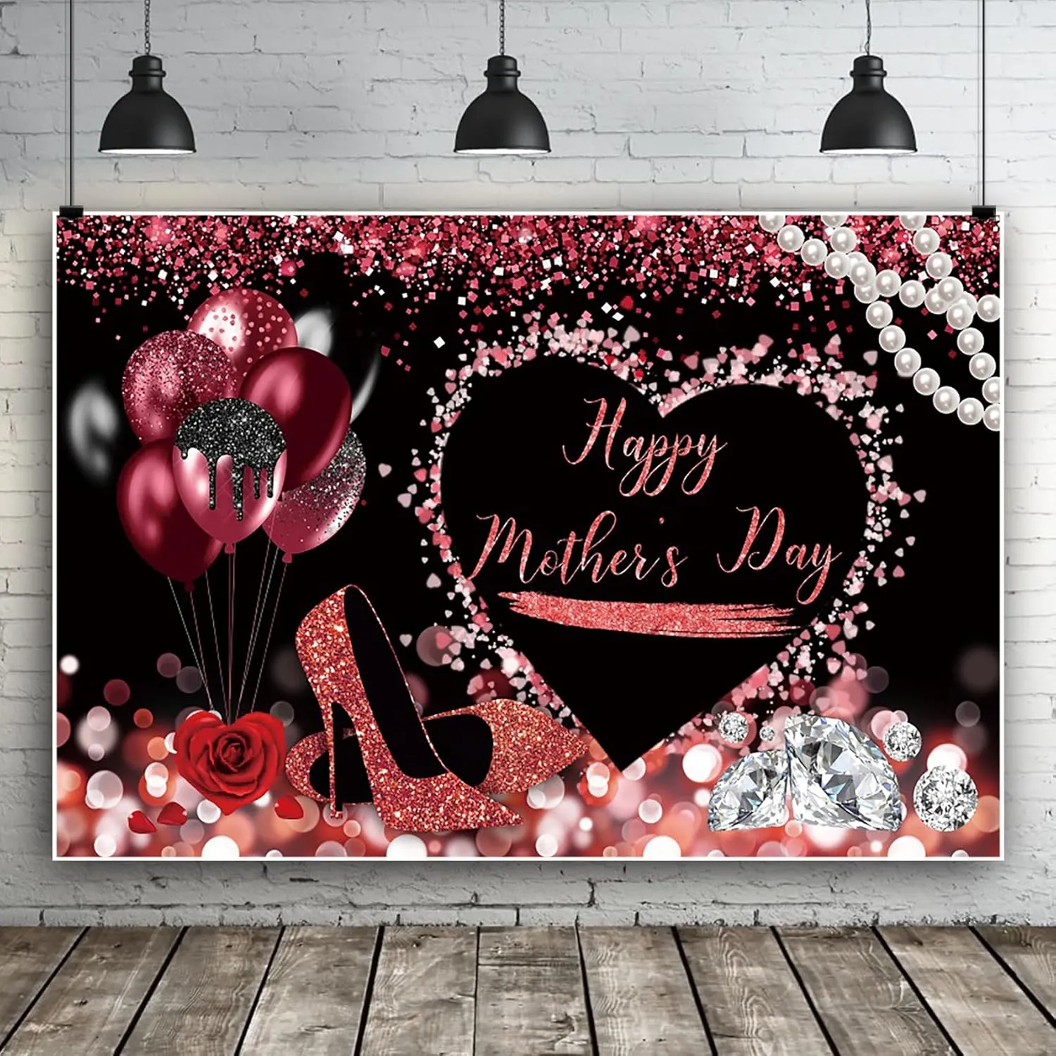 Renaiss 6x4ft Happy Mother's Day Backdrop for Photography Red Glittering Balloons High Heels Diamond Rose Mother's Day Background Mother's Day Birthday Party Decor Banner Photo Studio Booth Props