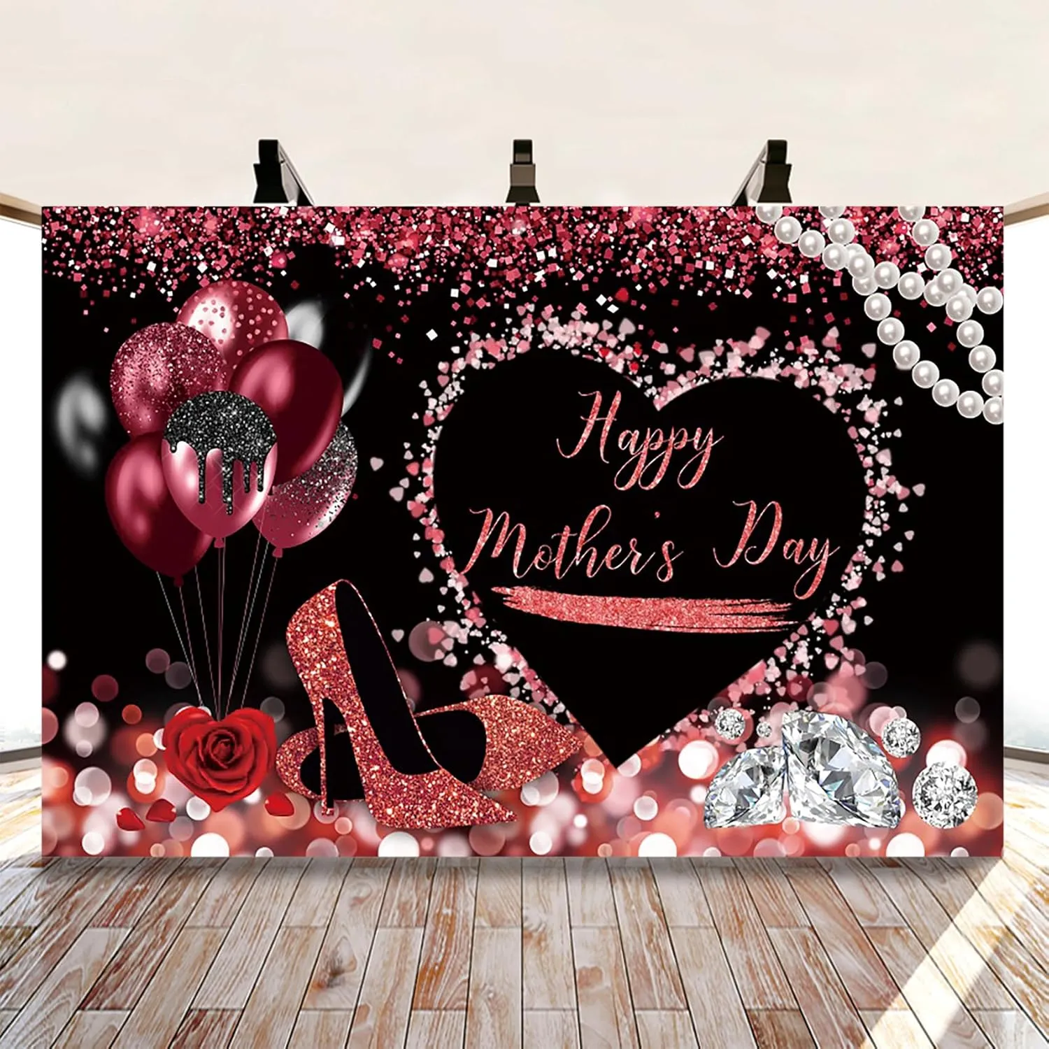 Renaiss 6x4ft Happy Mother's Day Backdrop for Photography Red Glittering Balloons High Heels Diamond Rose Mother's Day Background Mother's Day Birthday Party Decor Banner Photo Studio Booth Props