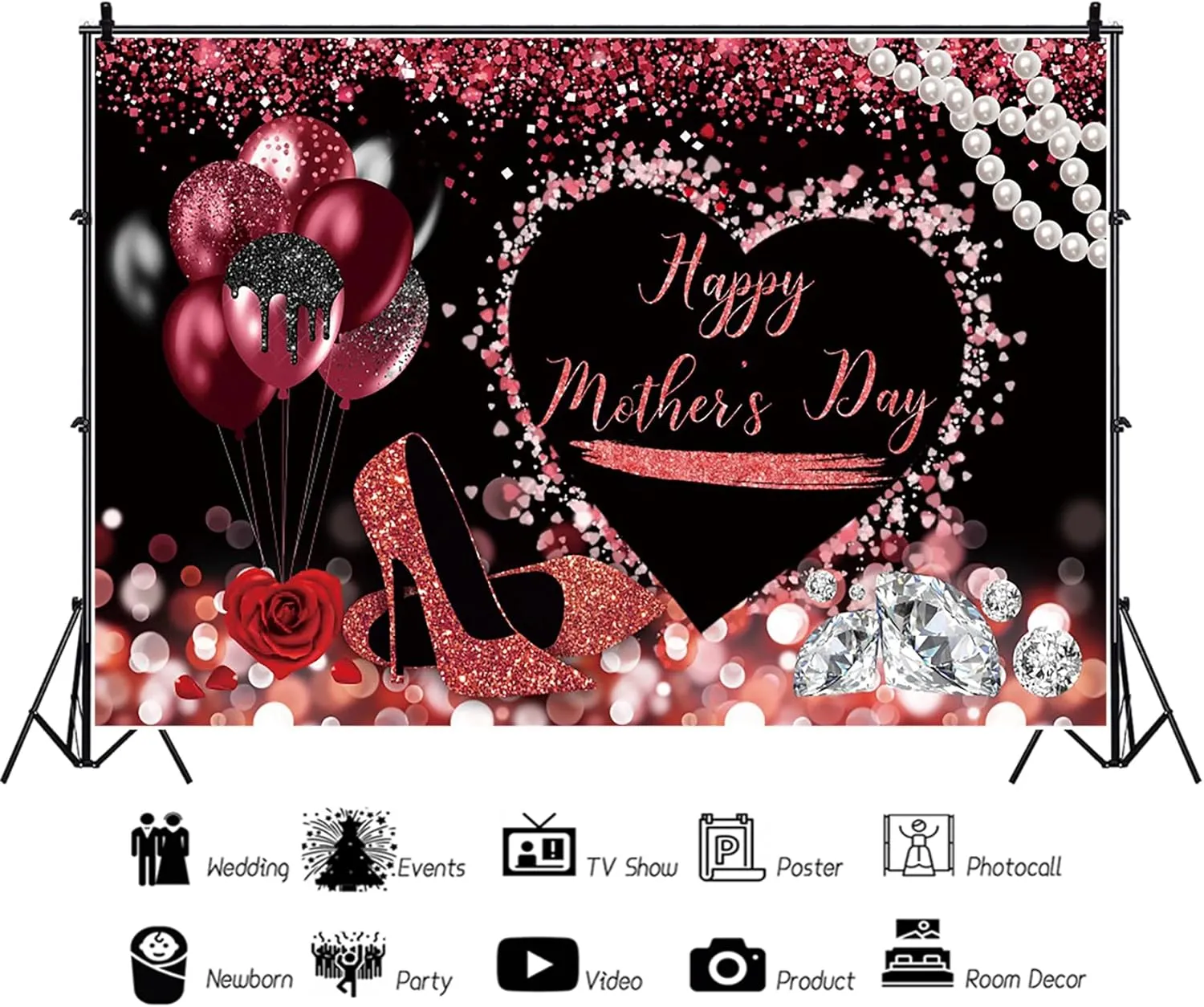 Renaiss 6x4ft Happy Mother's Day Backdrop for Photography Red Glittering Balloons High Heels Diamond Rose Mother's Day Background Mother's Day Birthday Party Decor Banner Photo Studio Booth Props