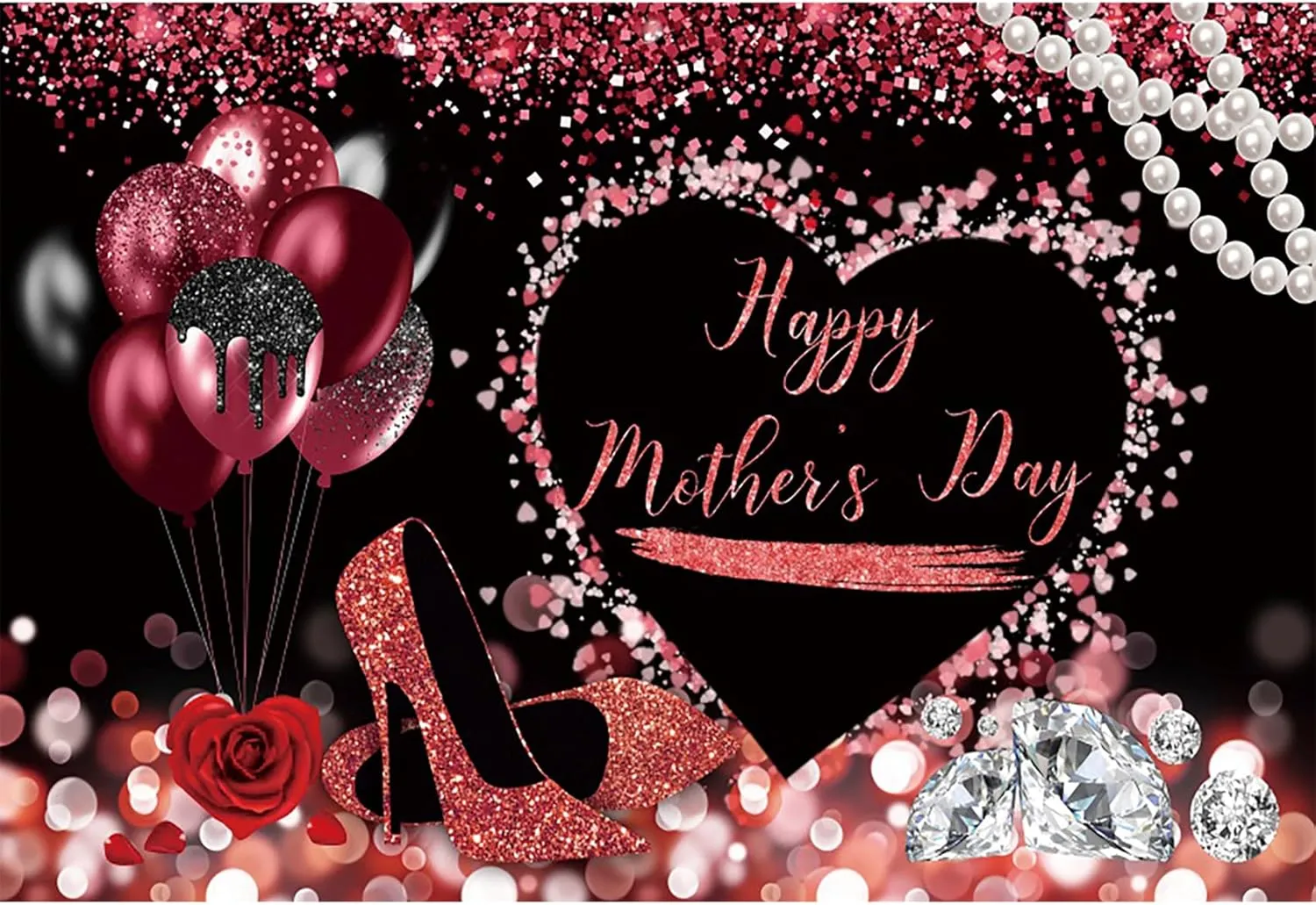 Renaiss 6x4ft Happy Mother's Day Backdrop for Photography Red Glittering Balloons High Heels Diamond Rose Mother's Day Background Mother's Day Birthday Party Decor Banner Photo Studio Booth Props