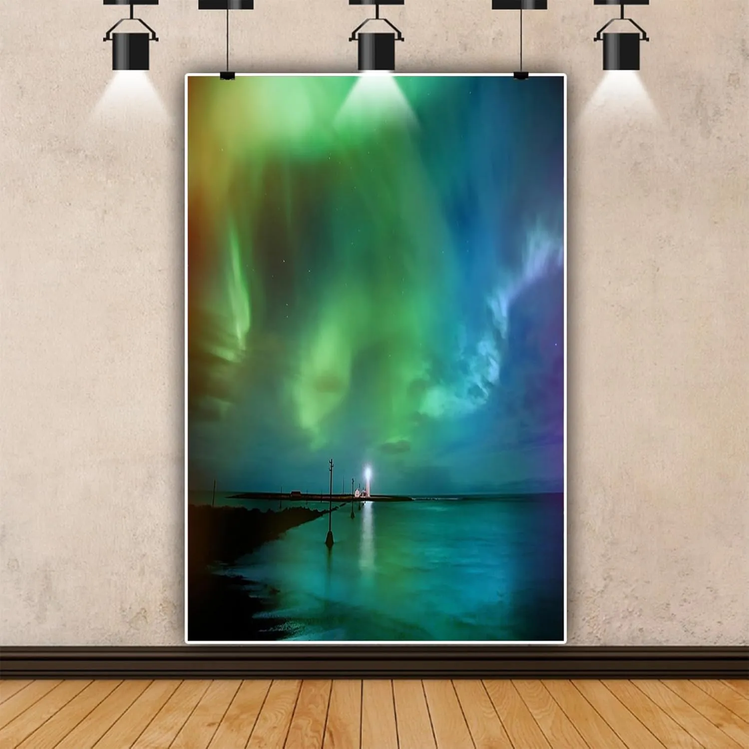 Renaiss 6x9ft Aurora Polaris Backdrop Green Blue Polar Lights Seaside Scenery Photography Background Aurora Theme Party Decors Grotta Island Lighthouse Iceland Travel Photo Studio Props