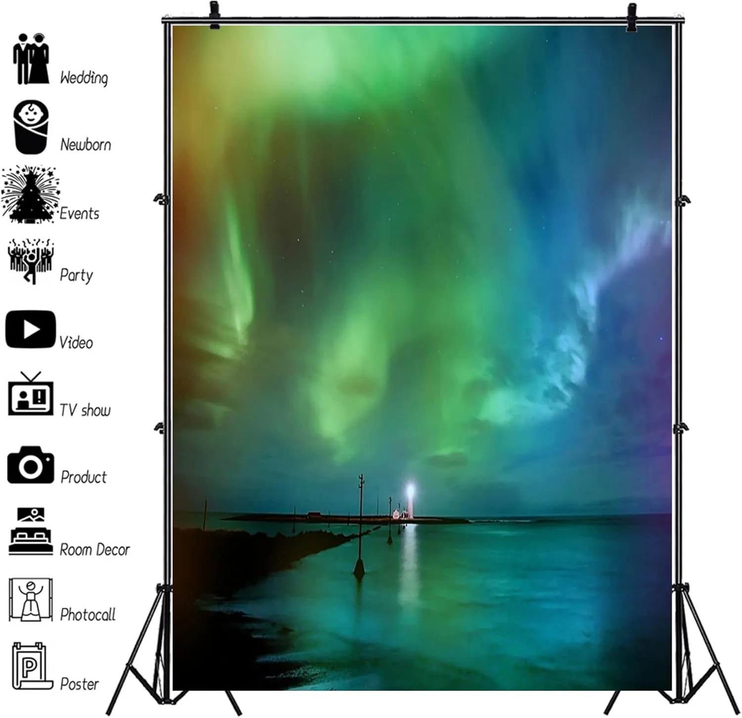 Renaiss 6x9ft Aurora Polaris Backdrop Green Blue Polar Lights Seaside Scenery Photography Background Aurora Theme Party Decors Grotta Island Lighthouse Iceland Travel Photo Studio Props