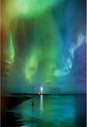 Renaiss 6x9ft Aurora Polaris Backdrop Green Blue Polar Lights Seaside Scenery Photography Background Aurora Theme Party Decors Grotta Island Lighthouse Iceland Travel Photo Studio Props