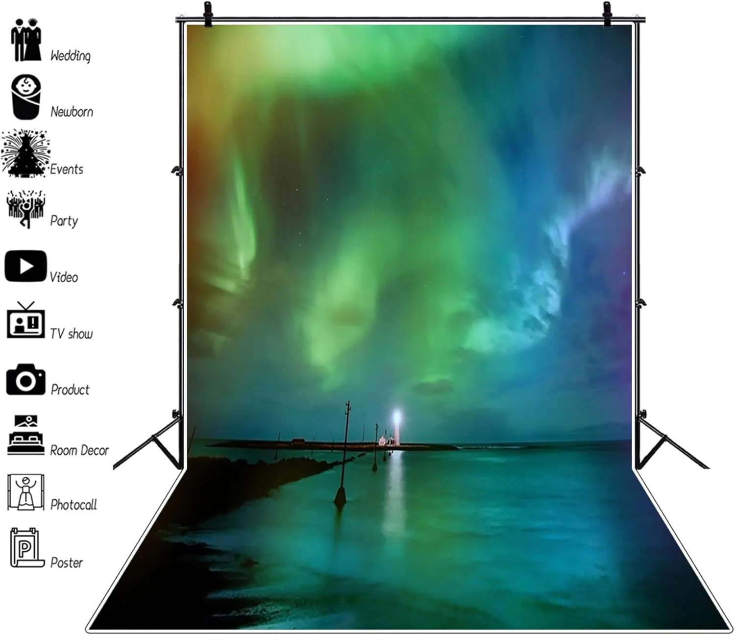 Renaiss 6x9ft Aurora Polaris Backdrop Green Blue Polar Lights Seaside Scenery Photography Background Aurora Theme Party Decors Grotta Island Lighthouse Iceland Travel Photo Studio Props