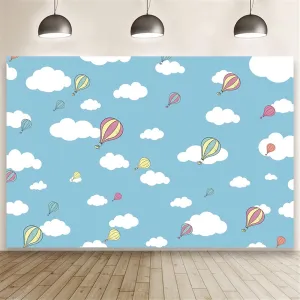 Renaiss Hot Air Balloons Backdrop for Photoshoot Kids Portrait Blue Sky White Clouds Photography Background Travel Adventure Baby Shower Birthday Newborn Party Decors Banner 8x6ft Photo Booth Props