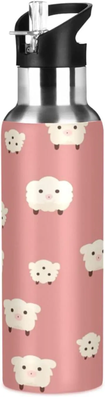 Repeating Pattern Cute Sheep Sport Water Bottle Insulated Stainless Steel Large Vacuum Flask Leak Proof Thermos with Straw for Travel(600ml/1000ml)