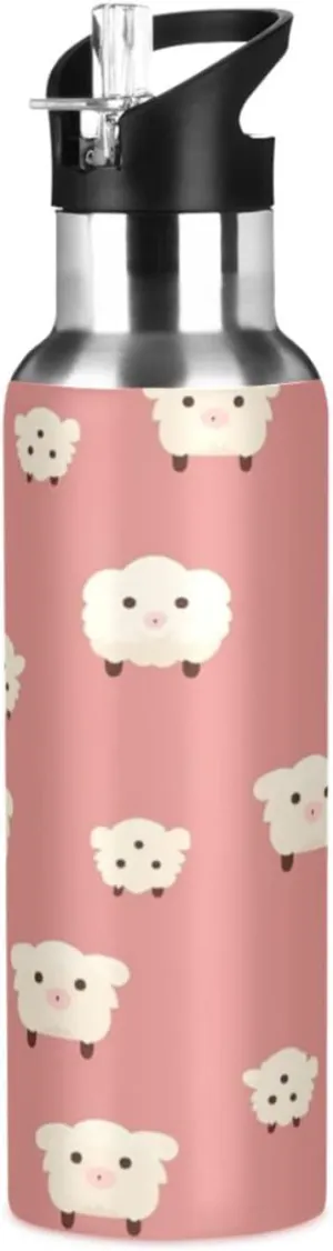 Repeating Pattern Cute Sheep Sport Water Bottle Insulated Stainless Steel Large Vacuum Flask Leak Proof Thermos with Straw for Travel(600ml/1000ml)