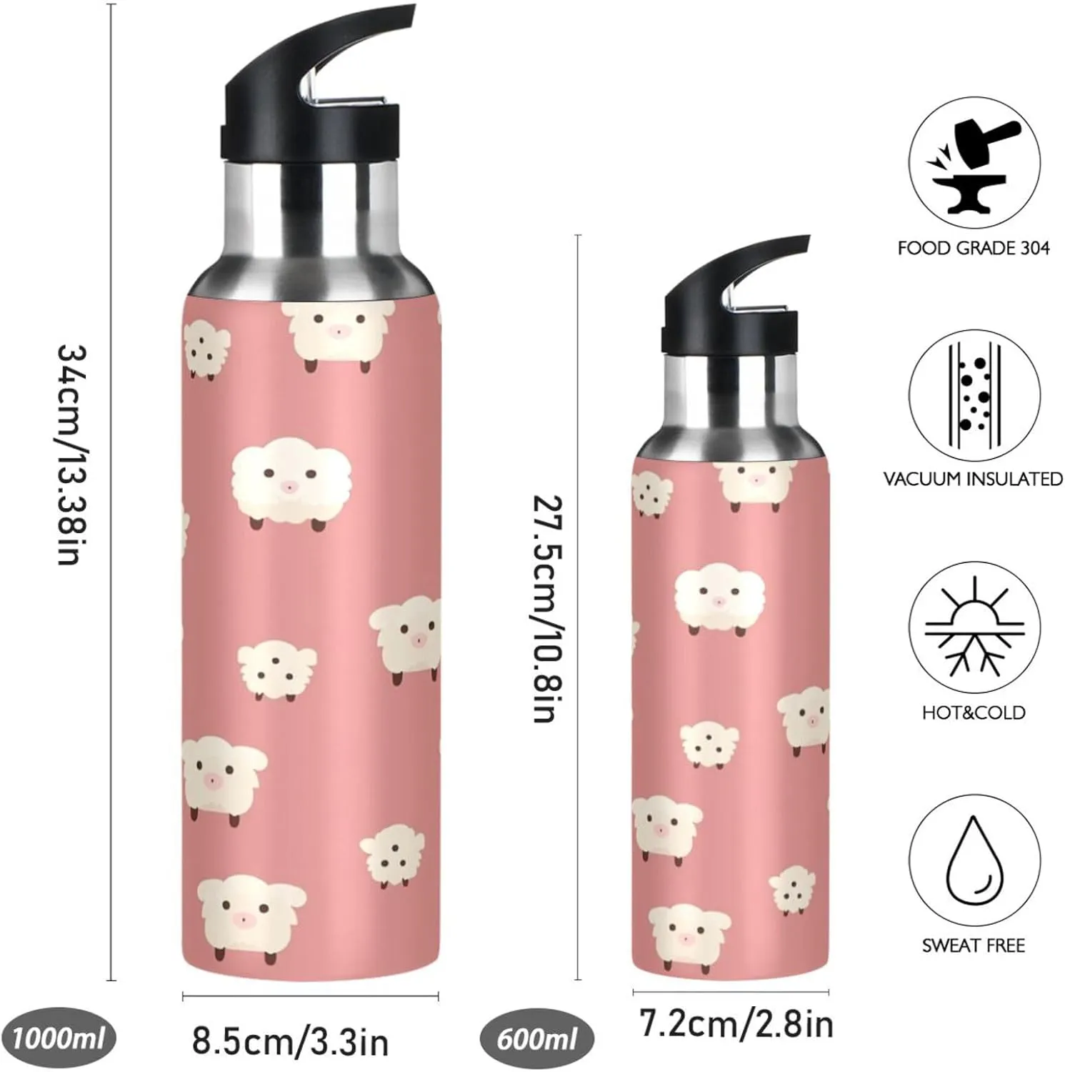 Repeating Pattern Cute Sheep Sport Water Bottle Insulated Stainless Steel Large Vacuum Flask Leak Proof Thermos with Straw for Travel(600ml/1000ml)
