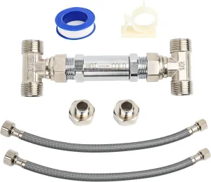Replacement 304 Stainless Steel Sensor Valve Kit for Instant Hot Water Recirculating Pump System - Includes Bypass Valve, 2x20" PEX Lines, Adaptors & Teflon Tape Compatible with 367010, 595926