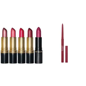 REVLON Lipstick Set, Super Lustrous 5 Piece Gift Set, Multi-Finish, Cream Pearl & Matte, Pack of 5 & Lip Liner, Colorstay Face Makeup with Built-in-Sharpener, Longwear Rich Lip Colors