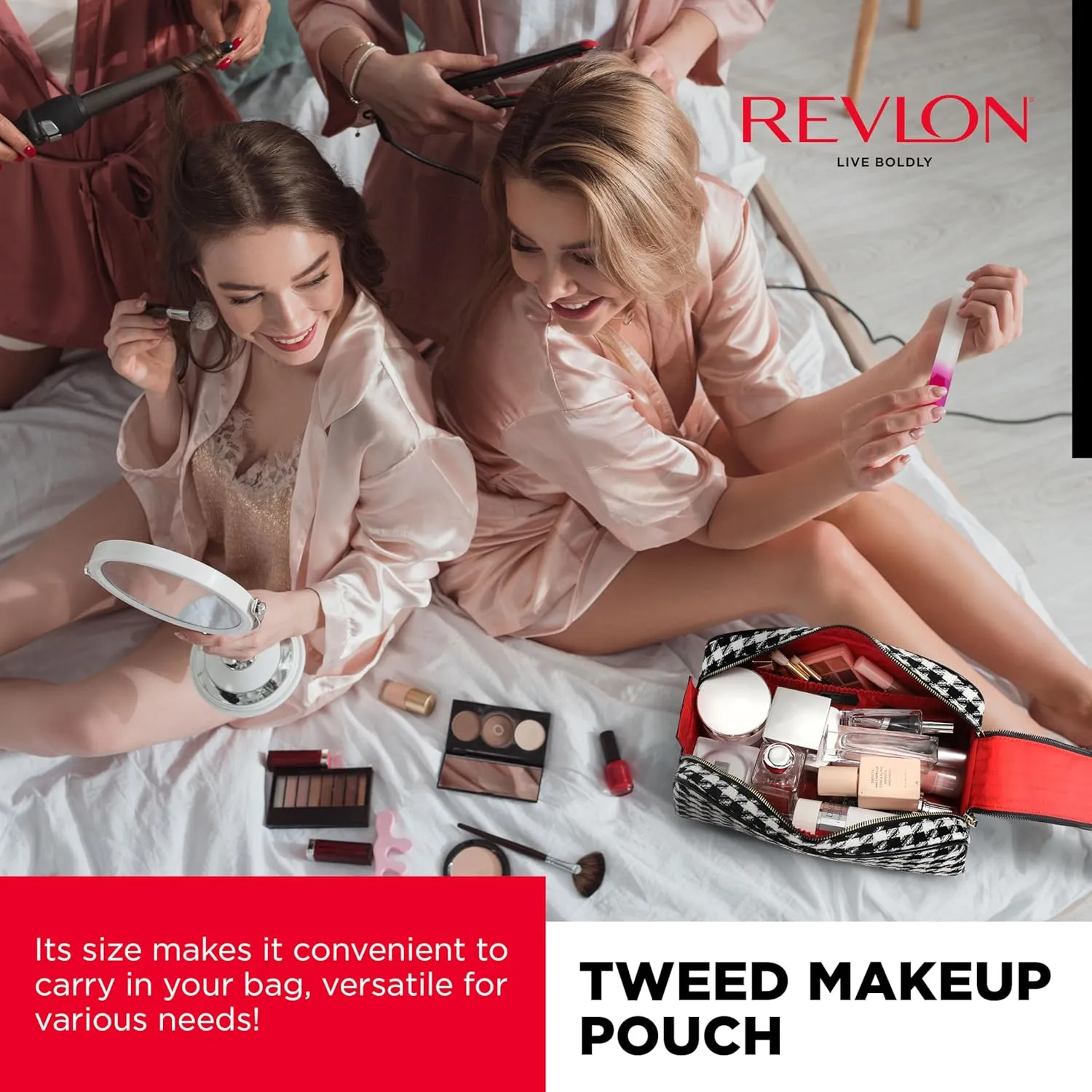 REVLON Tweed Makeup Bag - Small Makeup Pouch, Dual Zipper with Chain Makeup Case, Travel Makeup Organizer, Cosmetic Bag, Mini Makeup Case with Pockets, Toiletry Bag with Vinyl Base, Onyx