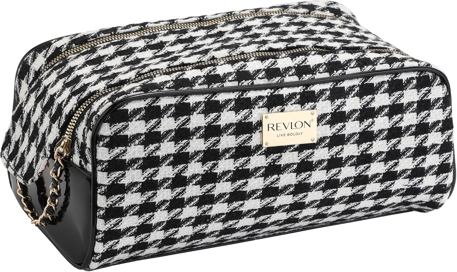 REVLON Tweed Makeup Bag - Small Makeup Pouch, Dual Zipper with Chain Makeup Case, Travel Makeup Organizer, Cosmetic Bag, Mini Makeup Case with Pockets, Toiletry Bag with Vinyl Base, Onyx