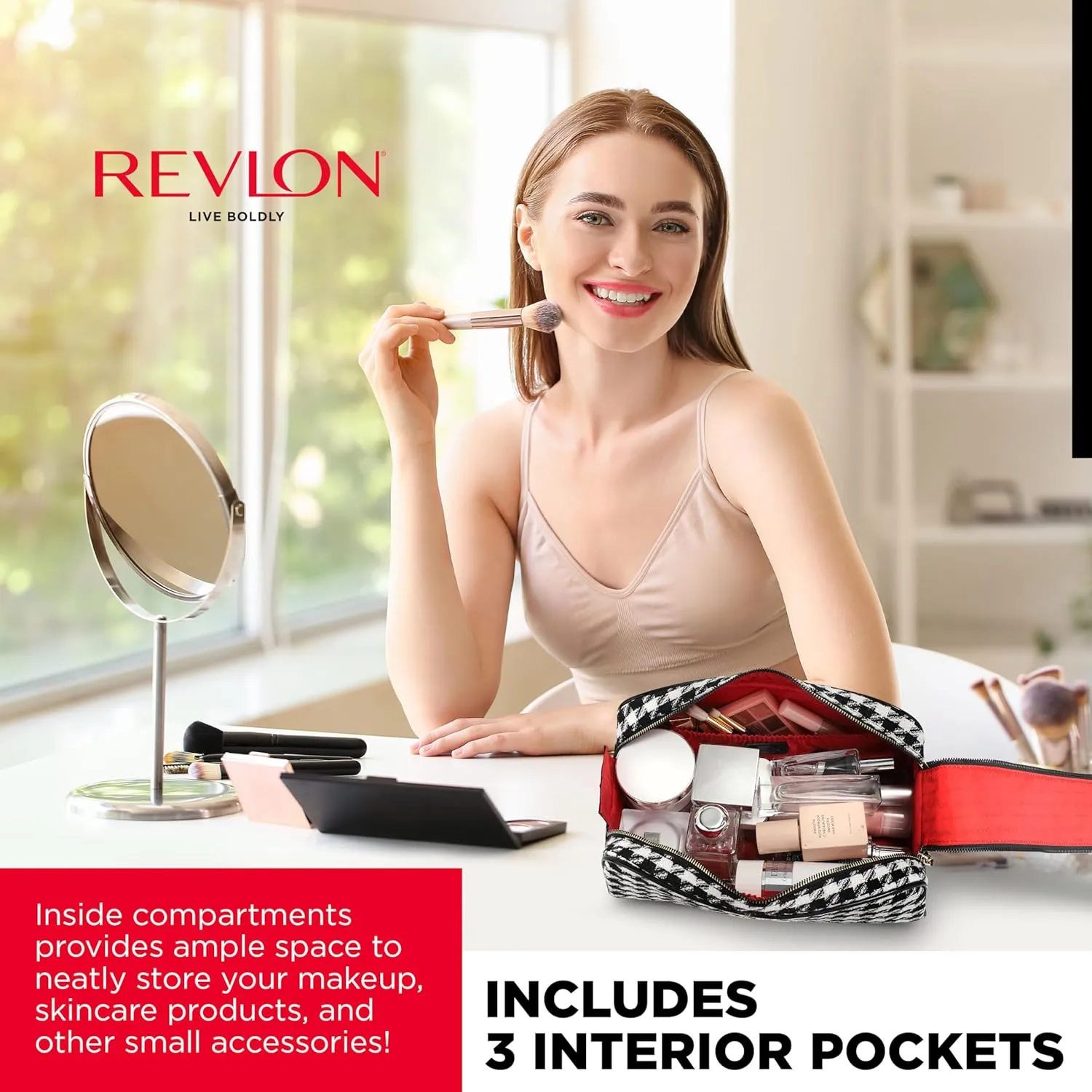 REVLON Tweed Makeup Bag - Small Makeup Pouch, Dual Zipper with Chain Makeup Case, Travel Makeup Organizer, Cosmetic Bag, Mini Makeup Case with Pockets, Toiletry Bag with Vinyl Base, Onyx