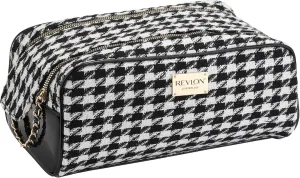REVLON Tweed Makeup Bag - Small Makeup Pouch, Dual Zipper with Chain Makeup Case, Travel Makeup Organizer, Cosmetic Bag, Mini Makeup Case with Pockets, Toiletry Bag with Vinyl Base, Onyx