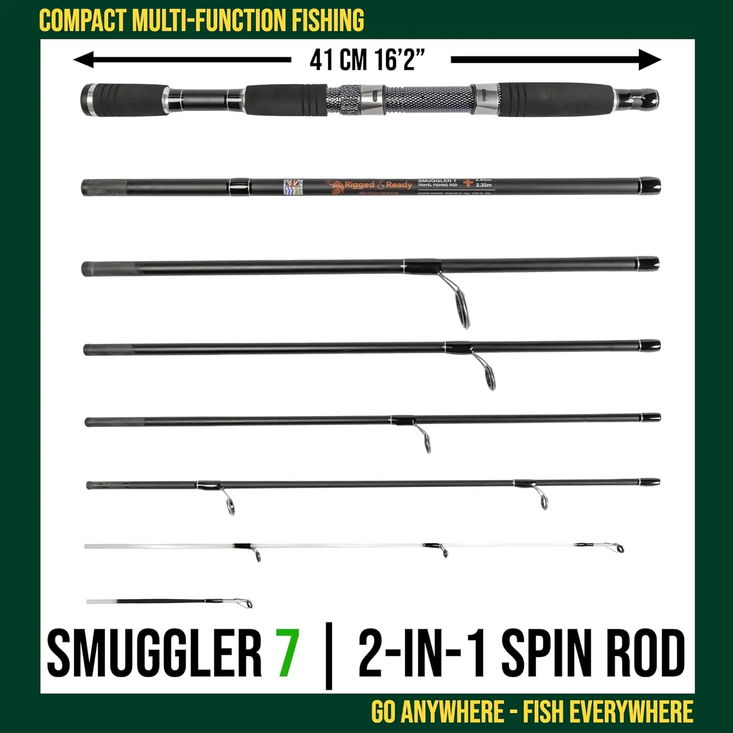 Rigged and Ready Smuggler Series Travel Fishing Rods. 6 Portable, Super Compact Spin, Bass, Carp, Lure, Rod Reel Combination and 5 Poles   Case. 2 or 4 Tips for Freshwater and Saltwater Fishing