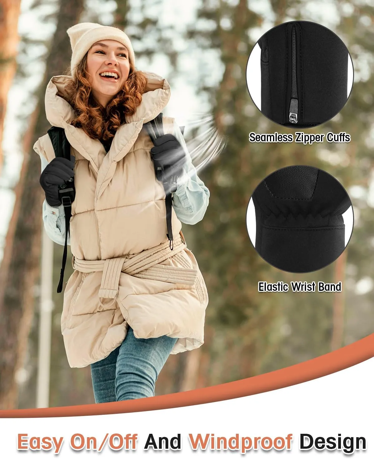 RIGWARL Winter Thermal Gloves Men and Women, Waterproof Touchscreen Cold Weather Gloves with Adjustable Zippered Wrist