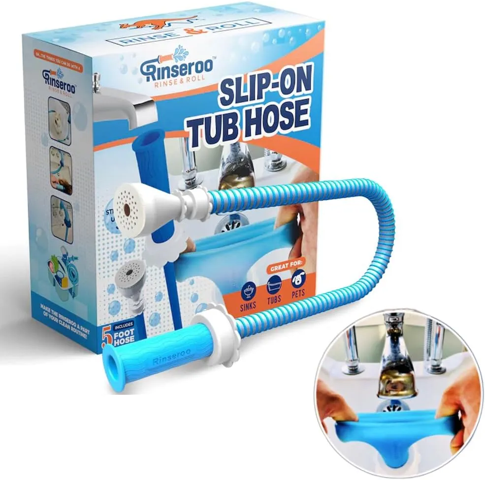 Rinseroo: Slip-On Tub Hose – As Seen on Shark Tank – 5ft Flex Bathtub Faucet Sprayer – Easy Rinse for Pets, Hair & Cleaning – No Installation Needed – Fits Faucets Up to 3” Wide – Mess-Free & Portable