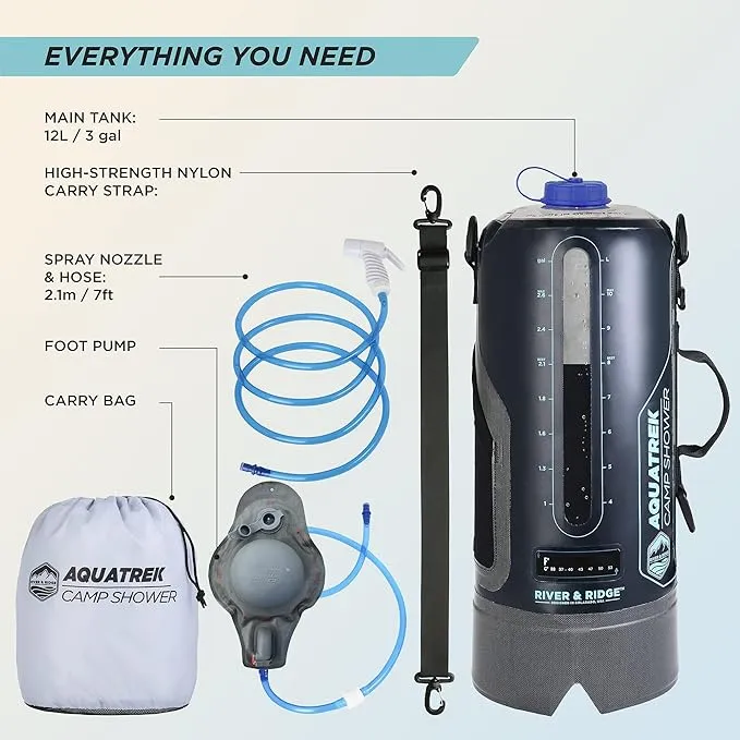 River & Ridge - AQUATREK Portable Pressure Camping Shower | 3Gal 12L Bag Tank Volume | Sustainable Food-Grade Material | Hot Water from Sun