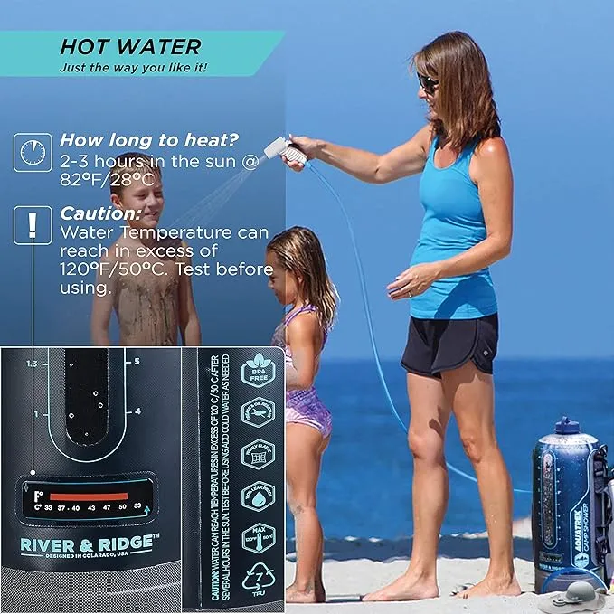 River & Ridge - AQUATREK Portable Pressure Camping Shower | 3Gal 12L Bag Tank Volume | Sustainable Food-Grade Material | Hot Water from Sun
