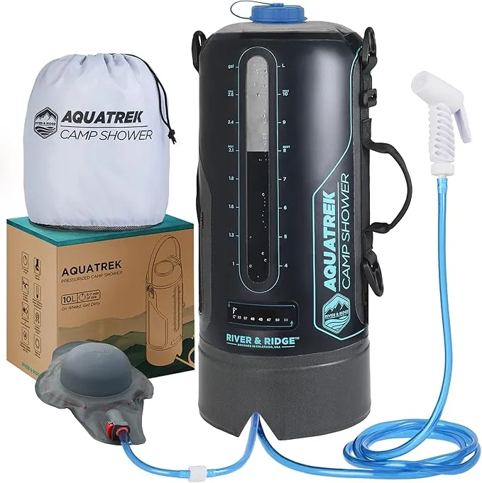River & Ridge - AQUATREK Portable Pressure Camping Shower | 3Gal 12L Bag Tank Volume | Sustainable Food-Grade Material | Hot Water from Sun