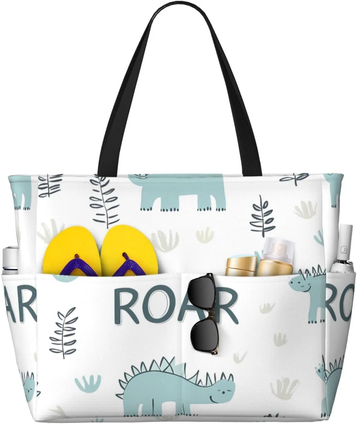 Roar Dino Beach Bag Cute Dinosaur Pool Bag for Women Waterproof Large Travel Tote with Zipper Organizer for Swimming Vacation Essentials
