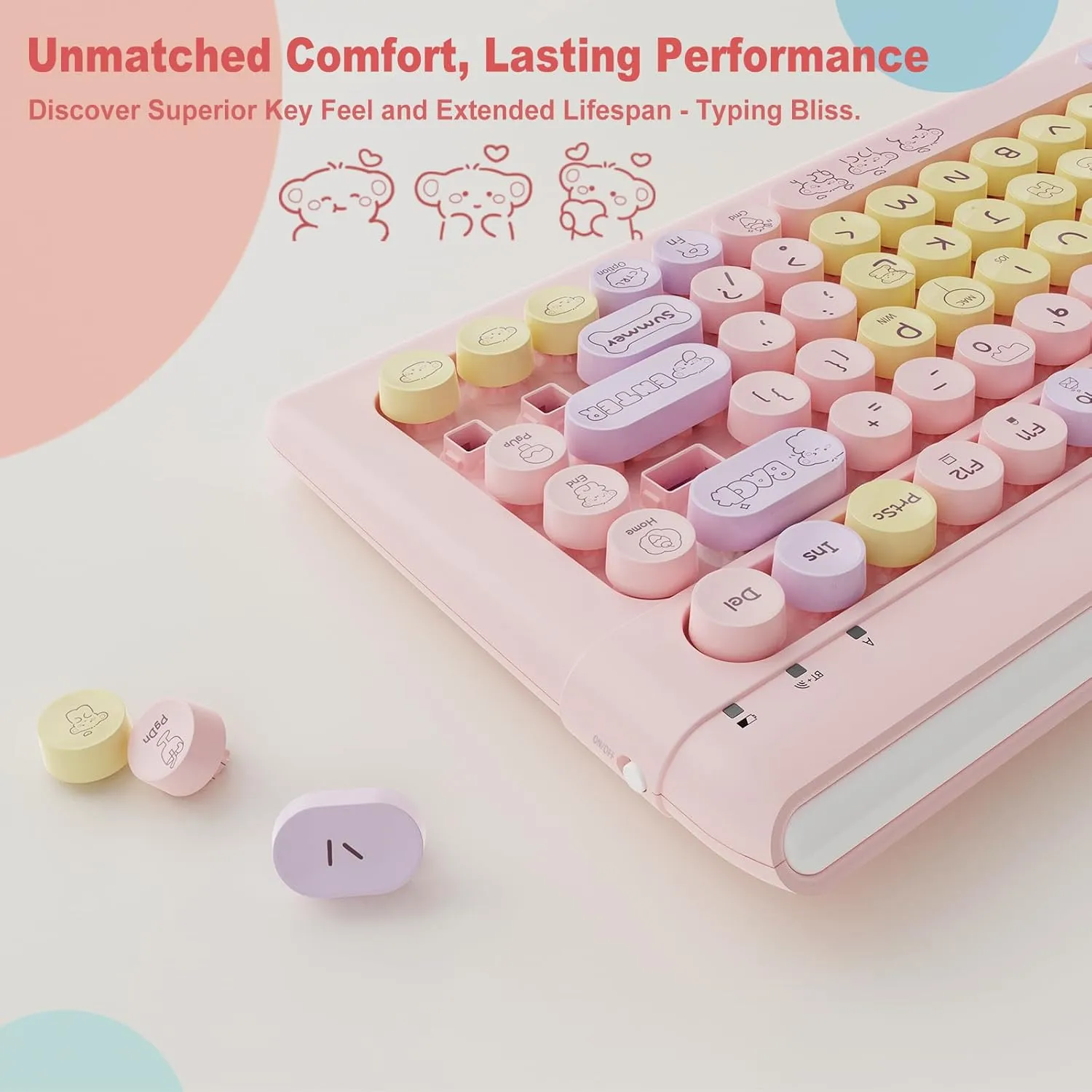 SADES Wireless Bluetooth Keyboard for Mac, iPad, iPhone, PC, Laptop & Android, Connect up to 3 Devices Simultaneously, Portable 84-Key Typewriter Retro Round Keycaps Keyboard -Pink