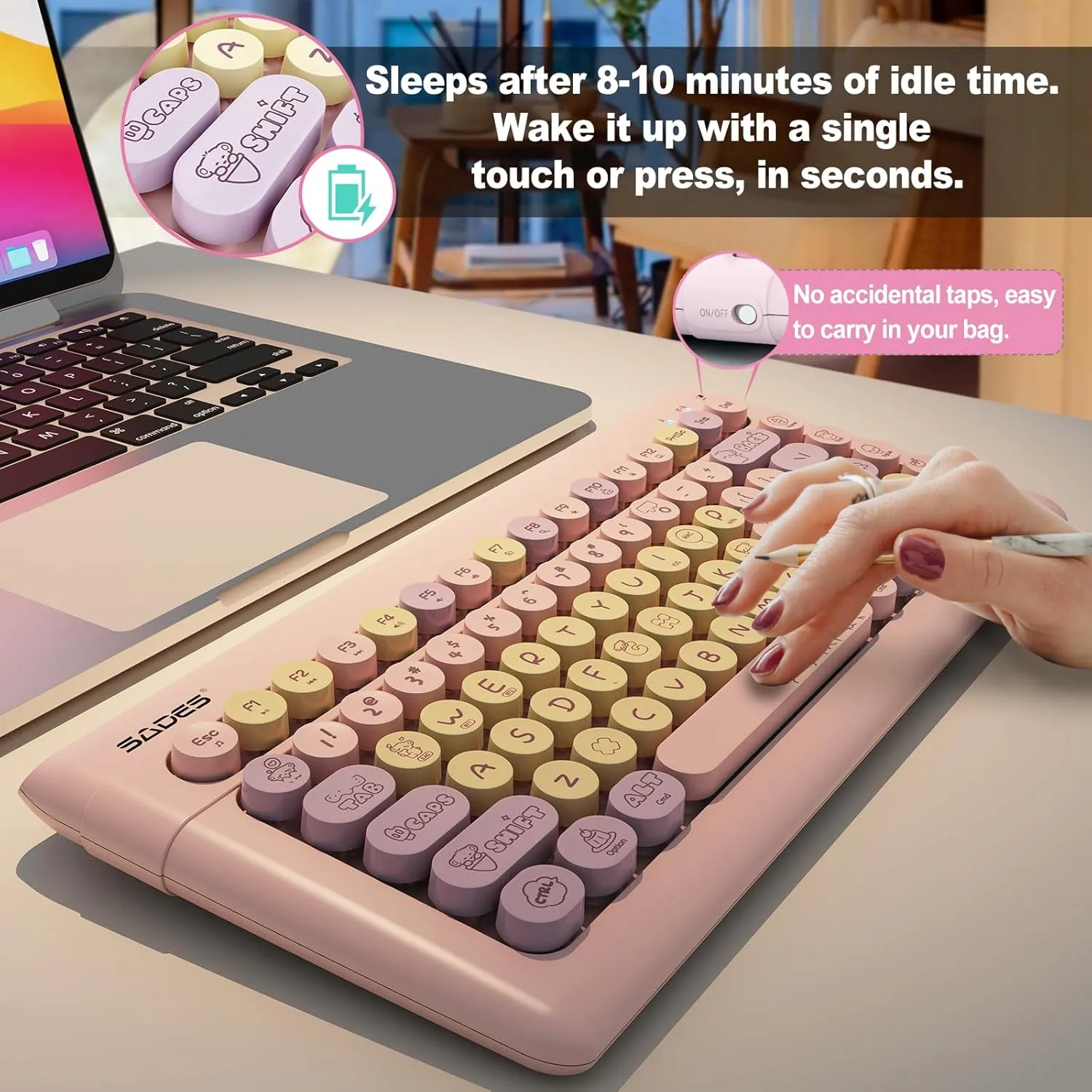 SADES Wireless Bluetooth Keyboard for Mac, iPad, iPhone, PC, Laptop & Android, Connect up to 3 Devices Simultaneously, Portable 84-Key Typewriter Retro Round Keycaps Keyboard -Pink