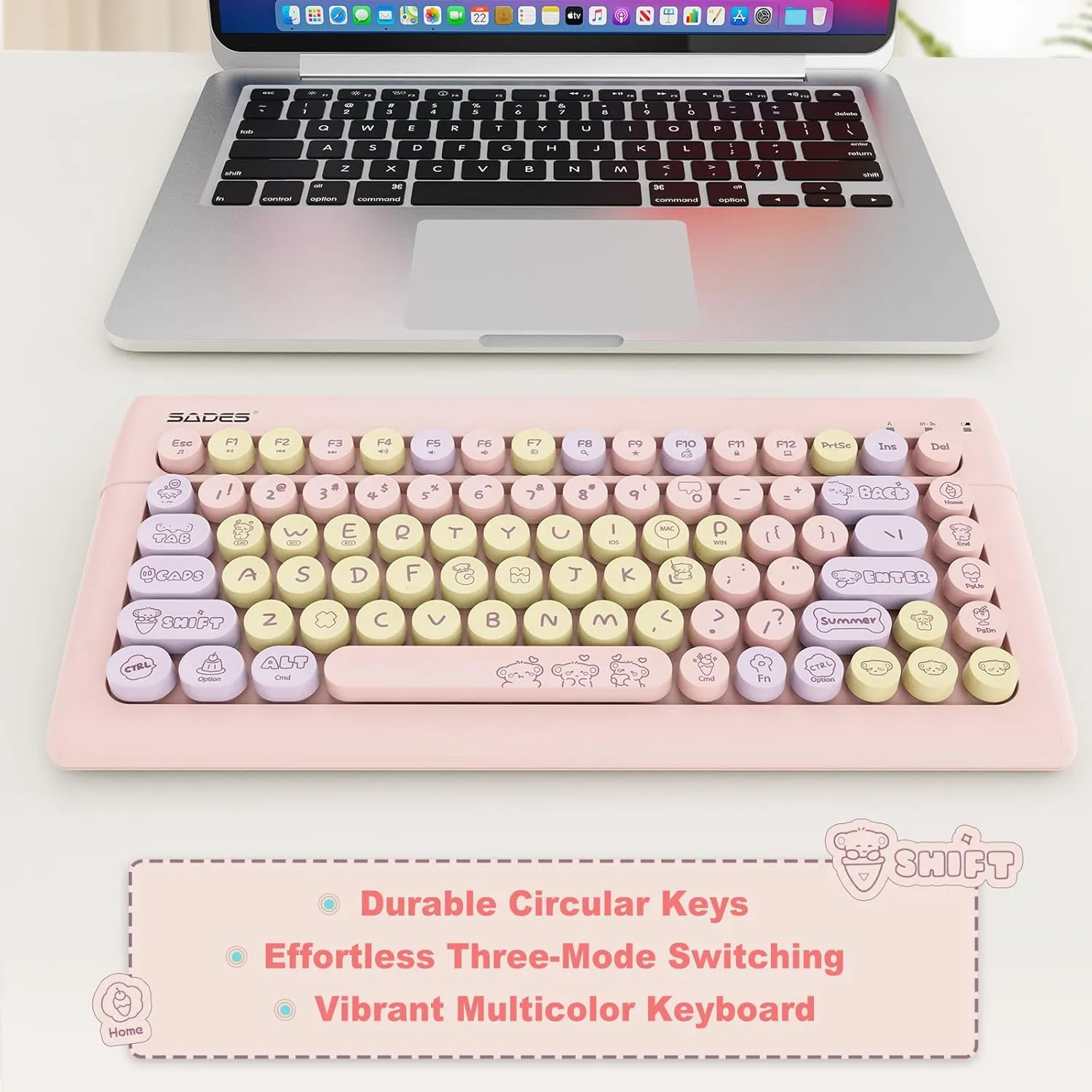 SADES Wireless Bluetooth Keyboard for Mac, iPad, iPhone, PC, Laptop & Android, Connect up to 3 Devices Simultaneously, Portable 84-Key Typewriter Retro Round Keycaps Keyboard -Pink